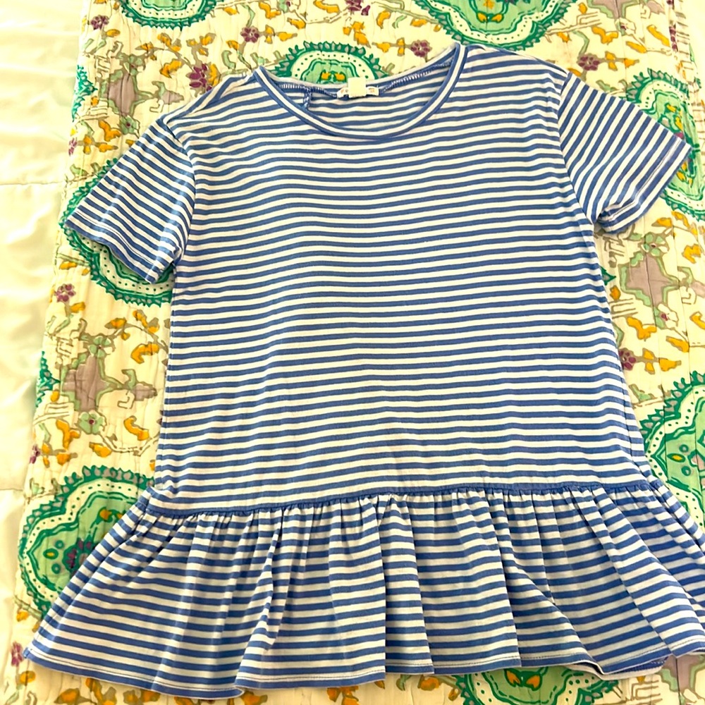 Credits ruffle sleeve and flared bottom lavender and white striped